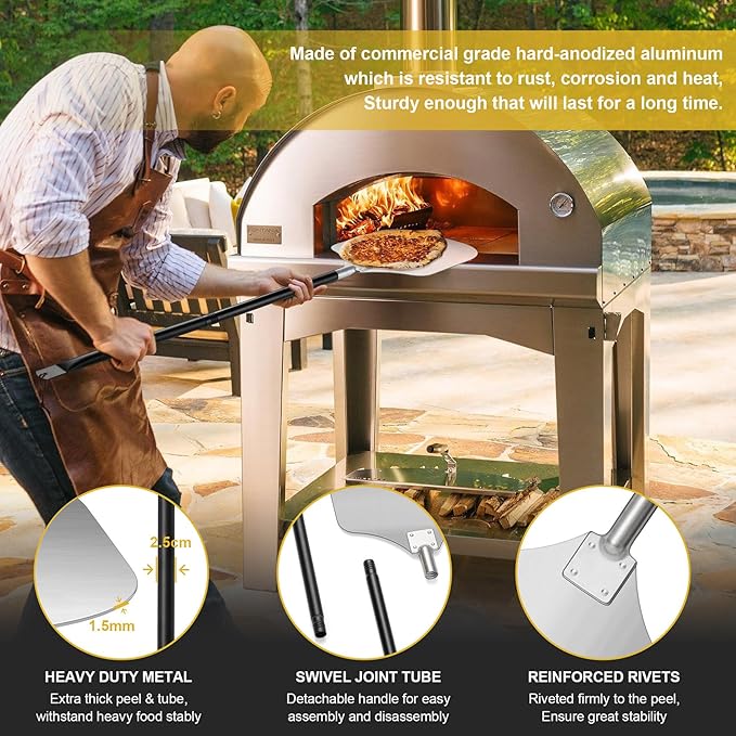 Pizza Peel Aluminum Pizzas Spatula (12 Inch), Joyfair Long Handle Metal Pizza Paddle with Cutter Rocker Pizza Oven Accessories Turning Tool Kit, Commercial Grade (Extent length 38.5’’ to 49’’)