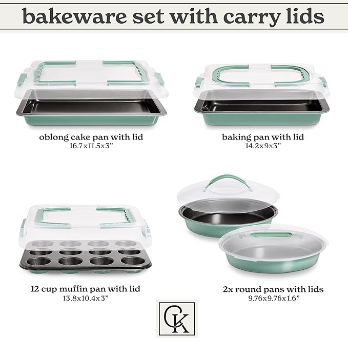 Country Kitchen Baking Pans Set - 10 Piece Non-Stick Cake Pans with Carry Lids for Easy Storage & Travel, Perfect for Parties - Stackable, Sage