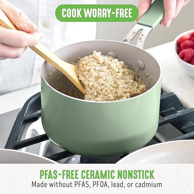 GreenLife 2 Quart Nonstick Saucepan with Lid, Lightweight Healthy PFAS-Free Milk Pan, Dishwasher & Oven Safe Soup Pan, Durable Body, Silicone Stay-Cool Handle, Easy Release Chef’s Pan, Sage Green