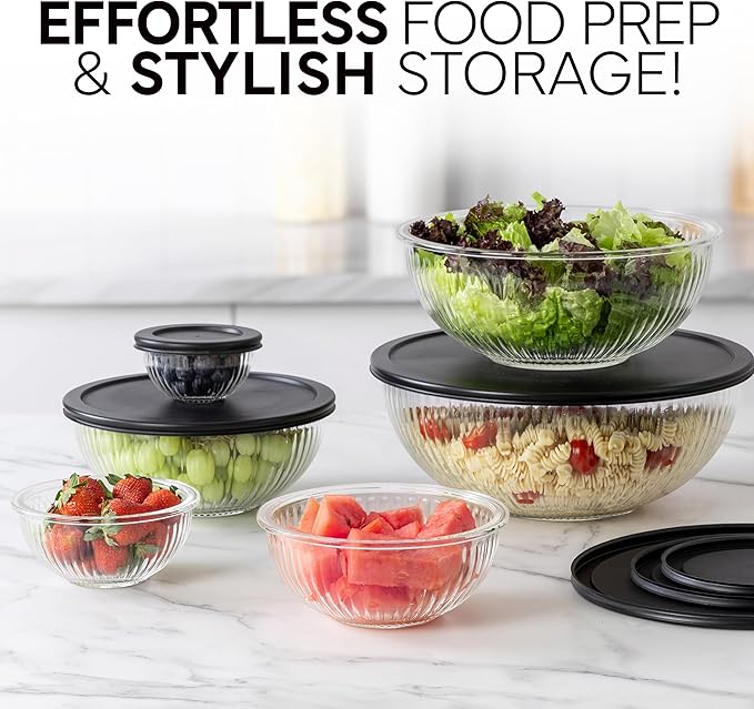 COOK WITH COLOR 12 Pc Glass Mixing Bowl Set with Lids – Borosilicate Glass Nesting Bowls for Cooking, Baking and Meal Prep, Fluted Black