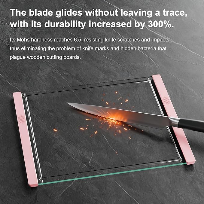 Tempered Glass Cutting Board Set for Kitchen Counter - Dishwasher Safe with Juice Grooves, Non-Slip Silicone Edges & Beveled Grip - 16"x12" & 12"x8" Serving Tray (Pink)