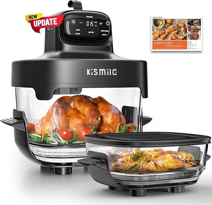 Kismile Upgraded 5-in-1 Glass Air Fryer, Portable Airfry with Dual Glass Bowl Design(4.7 QT & 2.6QT), Adjustable Temp &Time, Freezer & Dishwasher Safe, Bake, Roast, Air Fryer, Keep Warm, Crisp