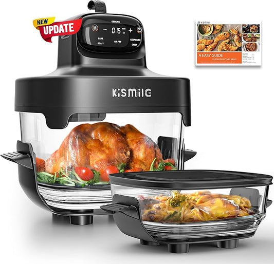 Kismile Upgraded 5-in-1 Glass Air Fryer, Portable Airfry with Dual Glass Bowl Design(4.7 QT & 2.6QT), Adjustable Temp &Time, Freezer & Dishwasher Safe, Bake, Roast, Air Fryer, Keep Warm, Crisp