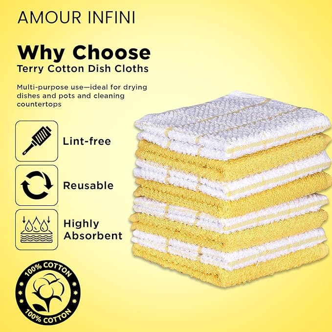 AMOUR INFINI Cotton Kitchen Dish Cloths Set of 8 – Highly Absorbent, Super Soft Premium Terry Cleaning Cloth (12"x12" Inch) Premium Dishcloths for Washing Dishes (Yellow)