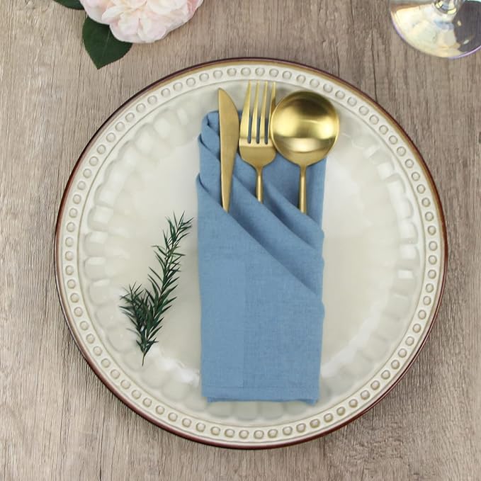 Solid Color Polyester Linen Blended Thin Dinner Cloth Napkins - Set of 12 (40 x 40 cm) - for Events & Home Use (Airy Blue)