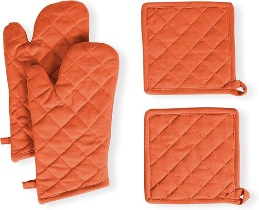 Native Fab 4 Piece Set - 2 Oven Mitts & 2 Potholders, Heat Resistant, 100% Cotton, Quilted Design, Non-Slip Grip, Machine Washable, Ideal for Baking, Cooking, BBQ, Kitchen Protection - Orange