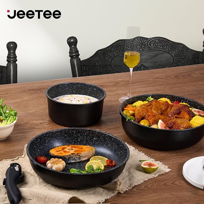 JEETEE Nonstick Pots and Pans Set with Removable/Detackable Handle (Black, 25 Pieces)