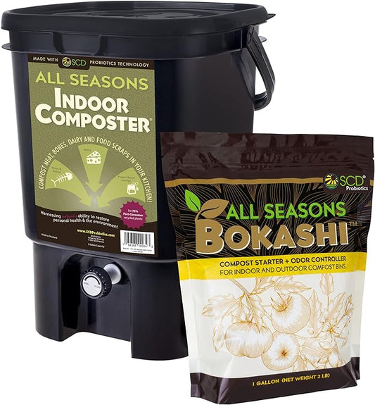 All Seasons Indoor Composter Starter Kit – 5 Gallon Black Compost Bin For Kitchen Countertop With Lid, Spigot & 1 Gallon (2 lbs.) Bag Of Dry Bokashi Bran – Made In USA by SCD Probiotics