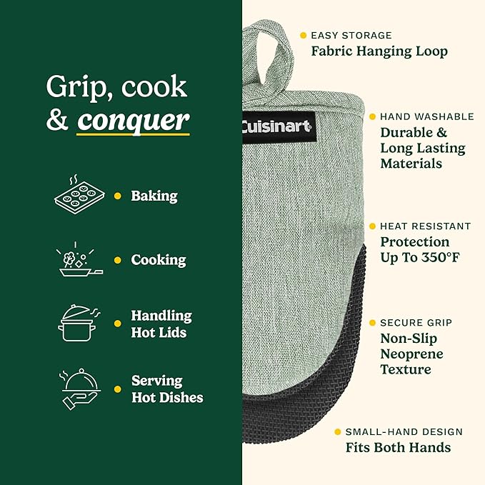 Cuisinart Mini Oven Mitts – 5.5” x 7” Heat-Resistant Kitchen Mitts for Oven with Non-Slip Neoprene Palm, Cotton Filling, and Fabric Loop – Durable Oven Mitt Set for Cooking & Baking (Sage)