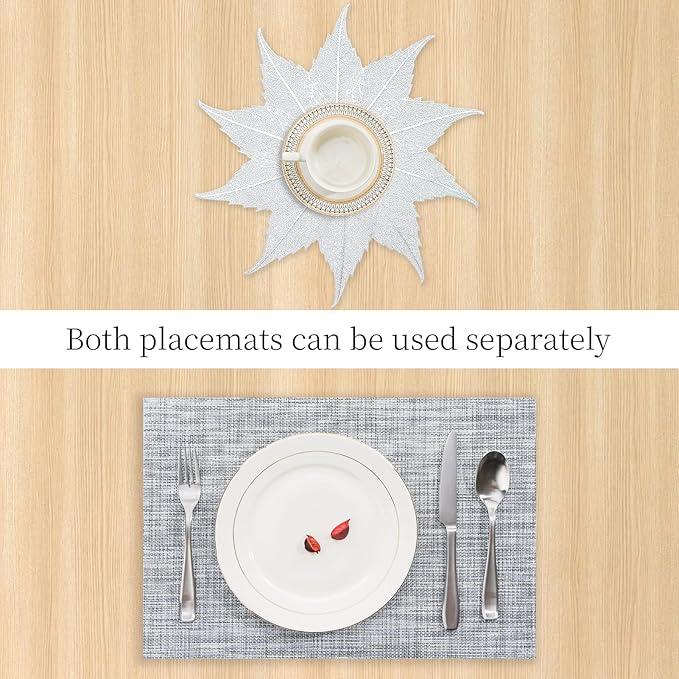 BACKTOEDEN Placemats Set of 6 Heat Resistant Washable Wipeable Placemat Woven Non-Slip Foldable Vinyl/Plastic Place Mats Indoor/Outdoor Mat Kitchen Dining Table Pad, Silver Maple Leaf & Gray