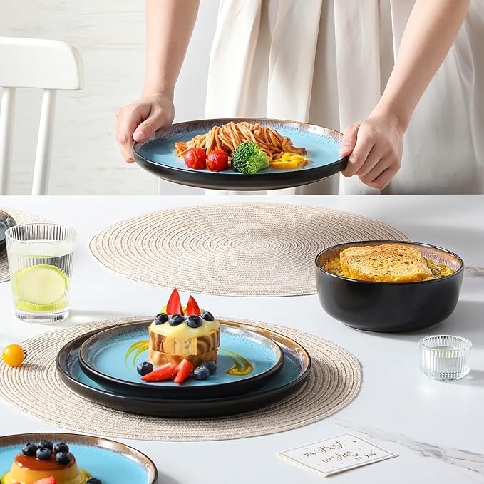vancasso Plates and Bowls Sets, 18 Pieces Stoneware Dinnerware Sets for 6, Kitchen Dish Set Mircowave and Dishwasher Safe Dinner Set Ceramic Dishware, Sky Blue, Series AMBER
