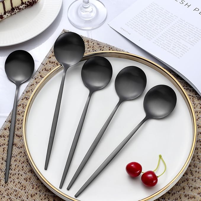 Pleafind 36-Pcs Matte Black Dinner Spoons, 8.3 inch Round Head Spoons, Stainless Steel, Dishwasher Safe