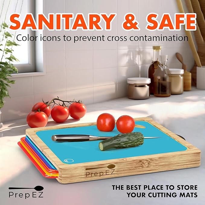 Cutting Boards for Kitchen – Bamboo Cutting Board with 7 Color-Coded Chopping Mats + Bonus Wood Cutting Board – Knife-Friendly & Dishwasher Safe Wooden Cutting Boards for Kitchen.