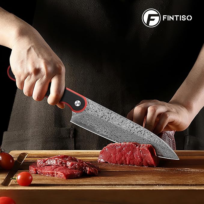 FINTISO Chef Knife 8 Inch, Professional 67-Layer Damascus Stainless Steel Kitchen Knife with 10Cr15CoMoV Steel Core, Ultra Sharp Cooking Knife with Ergonomic Full Tang G10 Handle