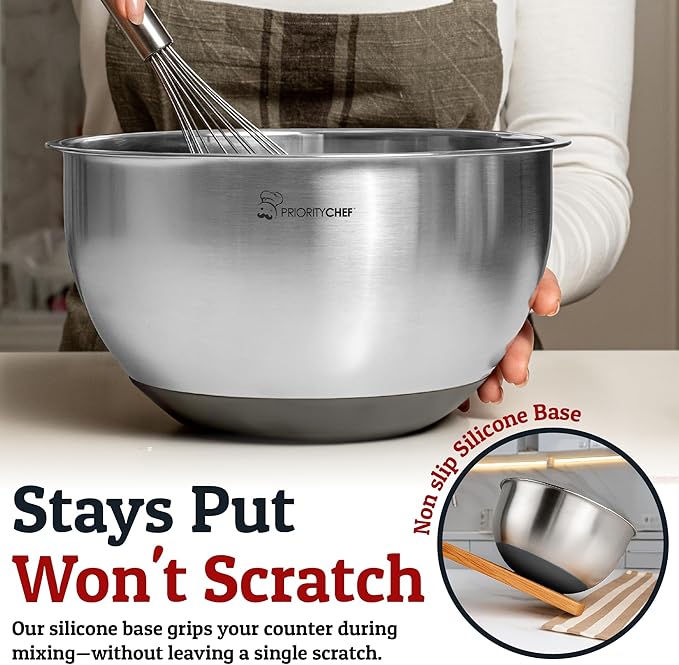 Priority Chef Stainless Steel Mixing Bowls with Lids Set, Metal Nesting Bowls with Airtight Lids, Graters, Non-Slip Base & Measurement Marks, Includes Utensil Set for Prep, Baking & Storage, Grey