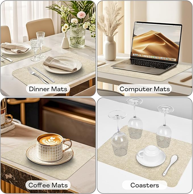 Vinly Placemats Set of 6 - Waterproof Wipeable Faux Leather Table Place Mats Heat Resistant Anti Slip Table Mats for Dining, Indoor, Outdoor, 15.8" x 11.8" (Beige)