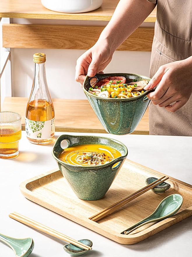 HENXFEN LEAD Japanese Ramen Bowls Set of 2 - Deep Ceramic Soup Bowls with Spoons, Chopsticks and Holder, 20 Oz Serving Dishes for Pho, Udon Noodle, Cereal