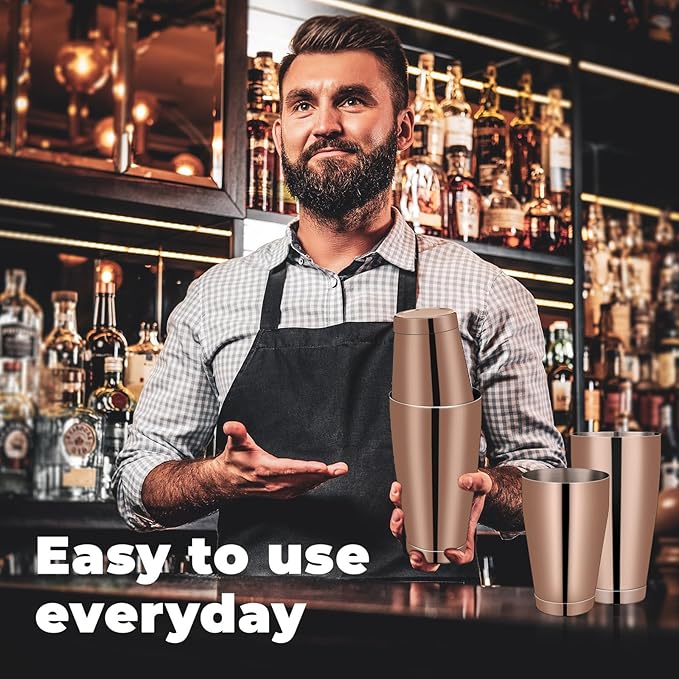 Lallisa 10 Pieces Cocktail Shakers Professional Bar Boston Shaker Set Stainless Steel Martini Shaker Drink Mixer Basic Tools Weighted Shake Metal Can for Bartenders, 18 Oz, 28 oz(Copper)