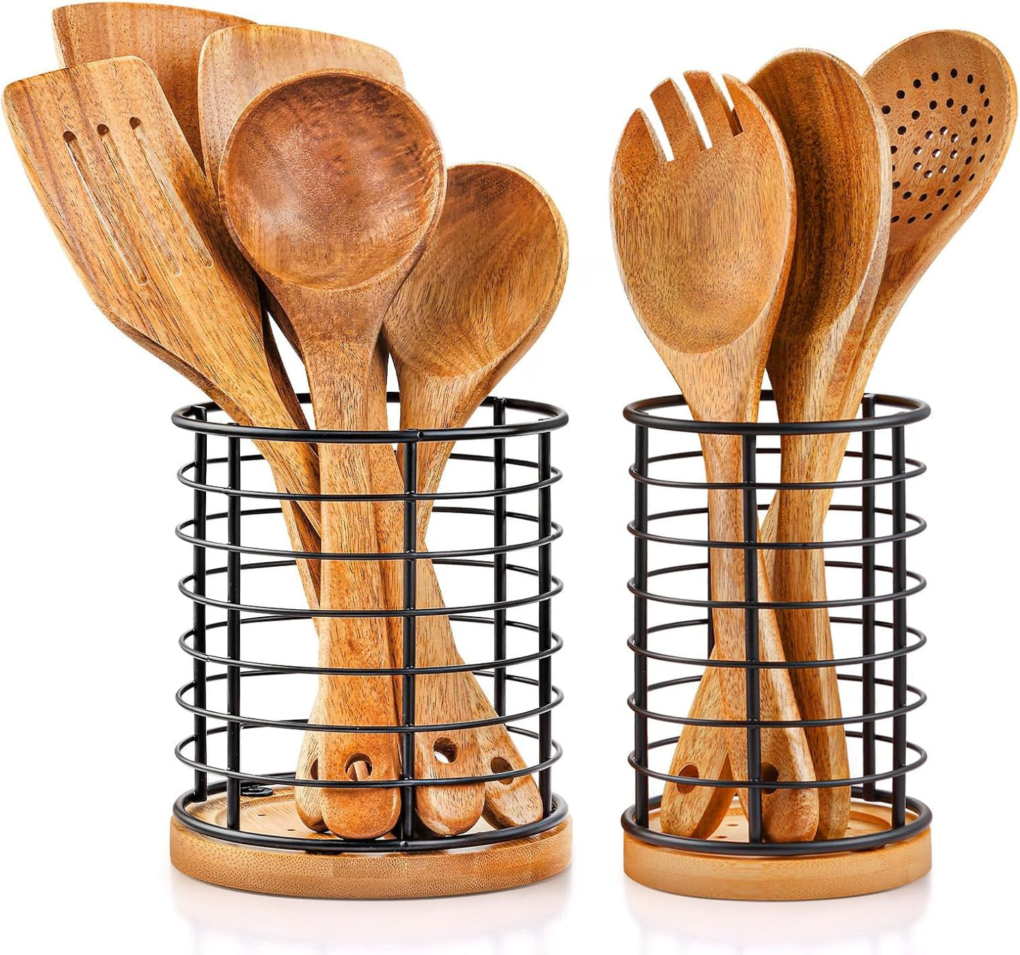 2 Pieces Utensil Holders, 5.1*5.1*5.8 and 3.7*3.7*5.8 inches Kitchen Utensil Holders, Metal Black Crocks with Wooden Base, Easy to Drain