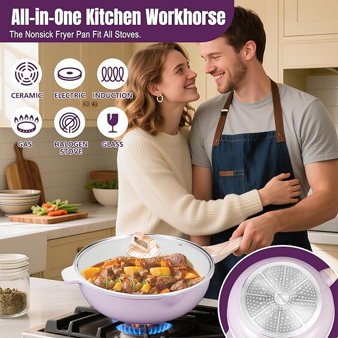 AOSION 12 Inch Nonstick Ceramic Deep Frying Pan,5.5QT Sauté Pan with lid,Large Skillet with Steam Rack,Healthy Jumbo Cooker,Stay Cool Handle,Induction Compatible, PFOA & PFAS Free,Purple.