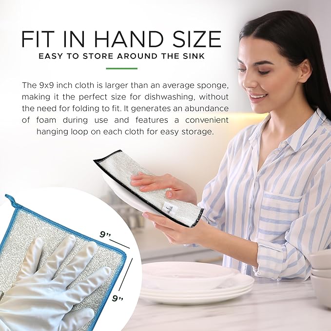 Whiffkitch Dishcloths Dishrags for Kitchen and Household Cleaning 9x9 6-Pack Non-Scratch 2-Ply Weave, Bamboo-Rayon Fabric, Absorbent, Washable, Long-Lasting