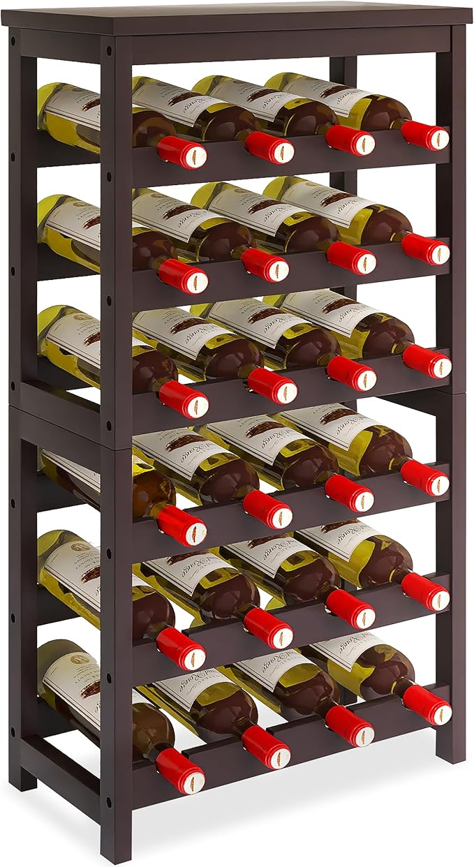 Bamboo Wine Rack, 24 Bottles Wine Display Storage Shelves with Table Top, 6 Tier Wobble-Free Floor Free Standing Table Wine Organizer, Brown