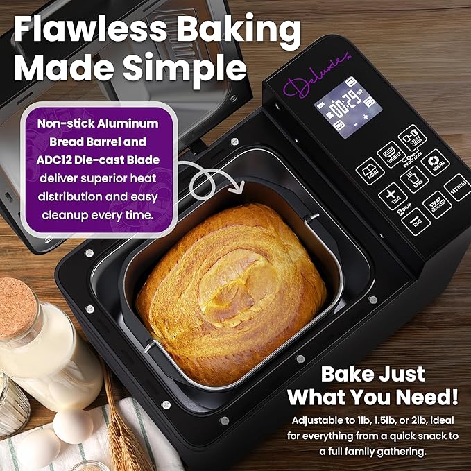 2LB Sourdough Bread Maker Machine for Home Bakery - 17 Program Gluten Free Bread Machine Maker with 15H Timer, 3 Loaf/Crust Sizes, Nut Dispenser - Aluminum Breadmaker Machines w/Recipe Book