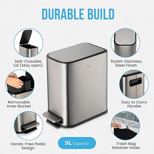 RED FACTOR Slim 1.3 Gallon Stainless Steel Pedal Trash Can with Soft Close Lid for Narrow Spaces – Small Wastebasket Bin with Removable Inner Bucket (Metallic Grey)