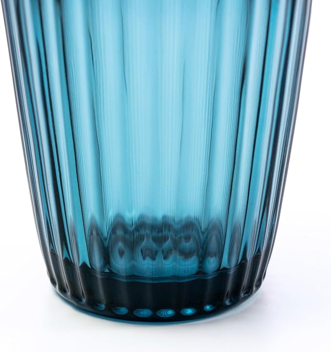 Blue Drinking Glasses Set Of 4-14 oz Vintage Aesthetic Colored Water Tumblers, Thick Glass Heavy Duty Ribbed Glassware, Retro Drinkware Home Bar Cocktail Cups, Kitchen Drink Cup Gift Sets