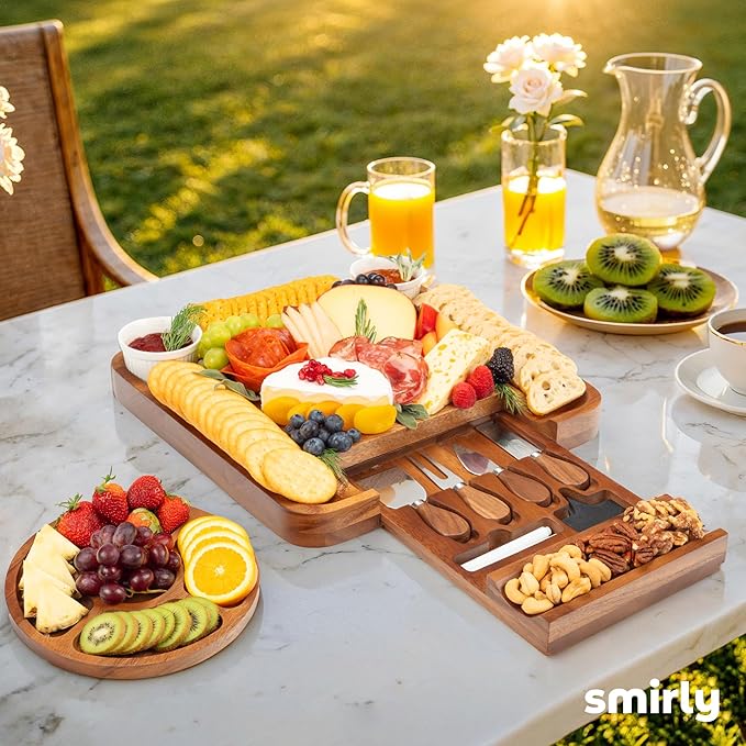SMIRLY Charcuterie Boards Set, Large Cheese Board Set, Natural Walnut Wood Charcuterie Tray with Accessories - Housewarming Gifts New Home, Wedding & Bridal Shower Gifts for Women, Couples