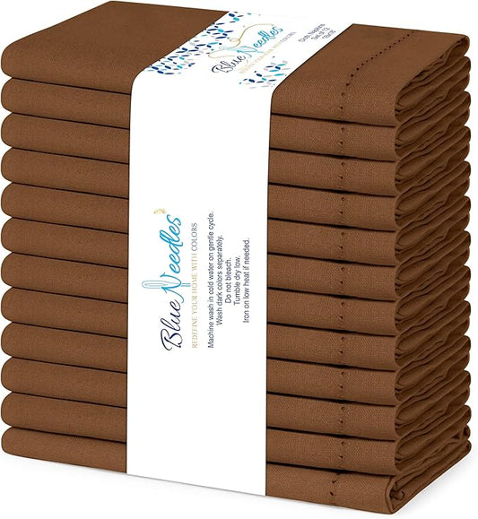 Blue Needles Set of 12 Hemstitch Linen Napkins 100% Cotton Nut Brown Cloth Dinner Napkins 18x18 inches, Soft, Reusable, Absorbent, Washable, Ideal for Fall Thanksgiving Events, Parties & Everyday Use