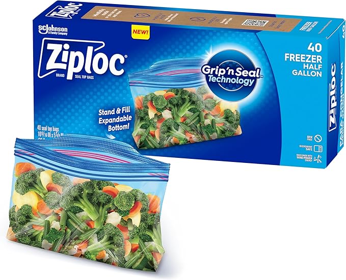 Ziploc Half Gallon Food Storage Freezer Bags, Grip 'n Seal Technology for Easier Grip, Open, and Close, 40 Bags Total