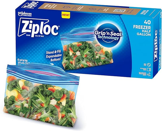 Ziploc Half Gallon Food Storage Freezer Bags, Grip 'n Seal Technology for Easier Grip, Open, and Close, 40 Bags Total