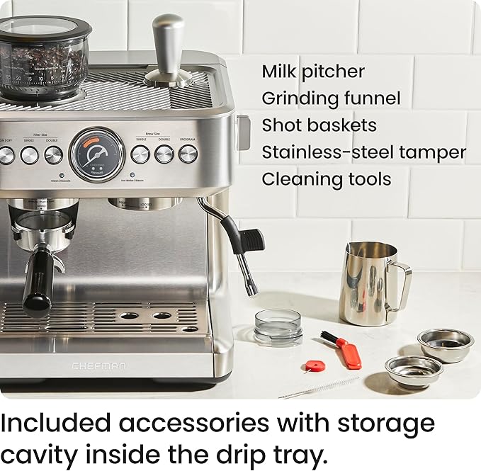 Chefman Crema Supreme 15 Bar Espresso Machine with Milk Frother, Barista Steam Wand, Professional Coffee Maker with Coffee Grinder, 30 Grind Settings, 3L Removable Water Tank - Stainless Steel