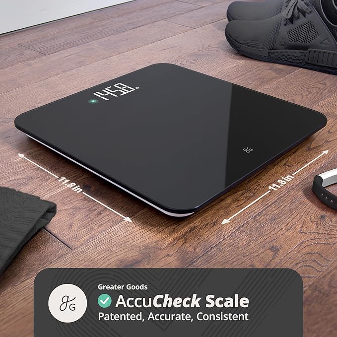 Greater Goods Digital AccuCheck Bathroom Scale for Body Weight, Capacity up to 400 lbs, Batteries Included, Black