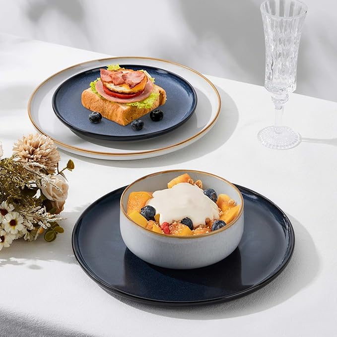 Herogo 12-Piece Stoneware Dinnerware Set for 4, Dinner Plates and Bowls Sets, Double Reactive Glaze Dishware Place Setting for Kitchen, Scratch Resistant, Microwave Safe, Ivory White & Starry Blue