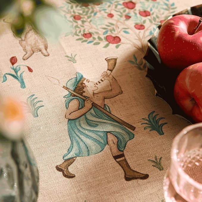 patdrea Designer Beige Tablecloth for Rectangle Tables,Vintage Elegant French Linen with Trees and Kids Pattern Table Cloth,Farmhouse Table Cover Cloth Decor for Kitchen Dining Christmas,55"*71"