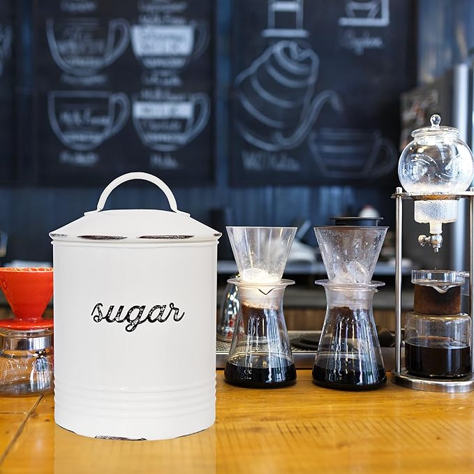 AuldHome Design Enamelware White Sugar Canister; Rustic Distressed Style Staples Storage for Kitchen