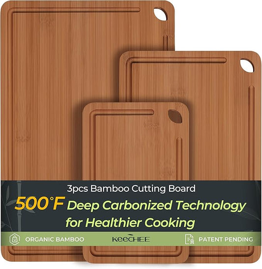 Bamboo Cutting Board, Durable Wood Cutting Boards for Kitchen with Deep Juice Grooves & Built-in Handles, Ideal Charcuterie & Chopping for Meat, Vegetables and Fruits Ideal Kitchen Gifts