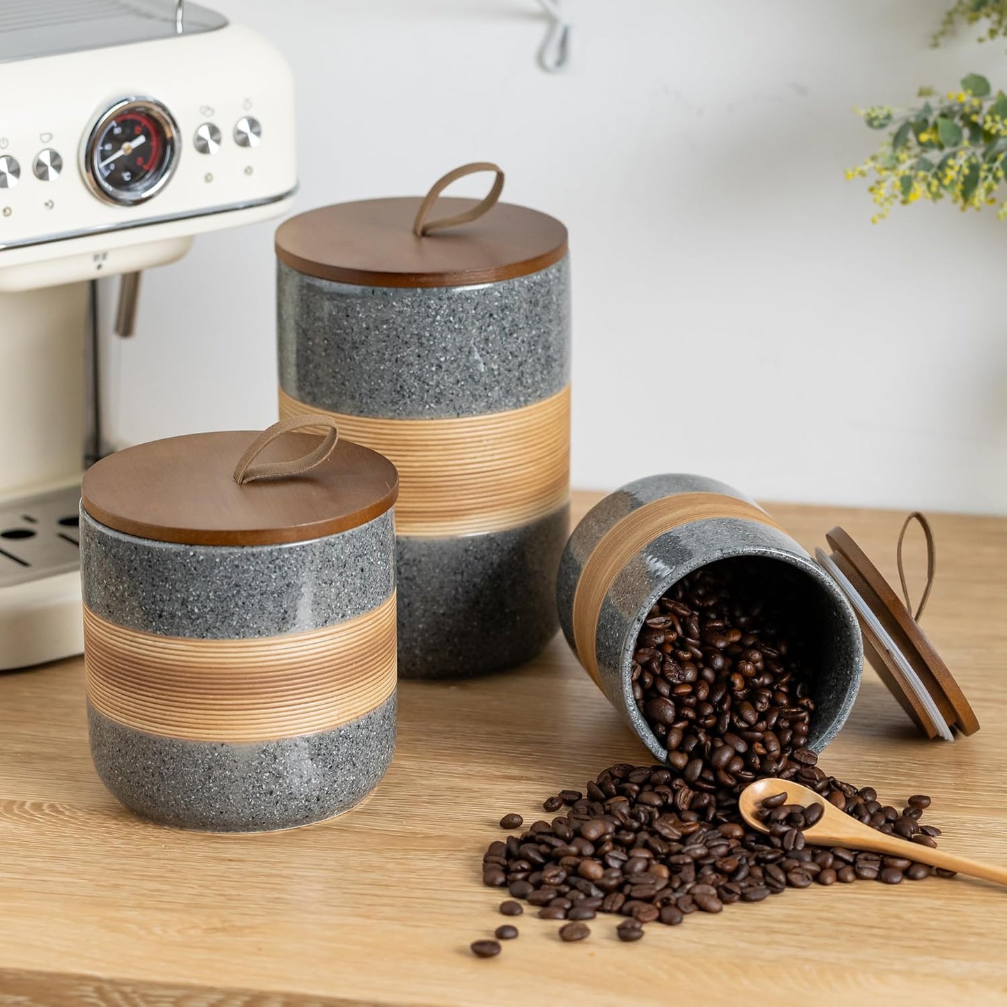 Spice Jars with Airtight Lid, Coffee Container Canister Kitchen Food Storage Jars for Spice Sugar Tea Bag, Stackable Decorative Jars for Countertop, Grey & 37 fl.oz