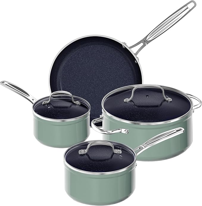 Nuwave 7pc Cookware Set Healthy Duralon Blue Ceramic Nonstick Coated, Diamond Infused Scratch-Resistant, PFAS Free, Oven Safe, Induction Ready & Evenly Heats, Tempered Glass Lids & Stay-Cool Handle