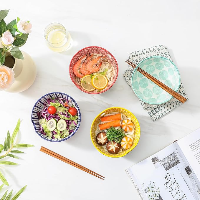 Selamica Ceramic Ramen Bowls Set, 15 OZ Noodle Bowls for Kitchen with Chopsticks, Deep Soup Bowls for Japanese Ramen Udon Soba, Microwave Dishwasher Safe, Set of 4, Assorted Colors