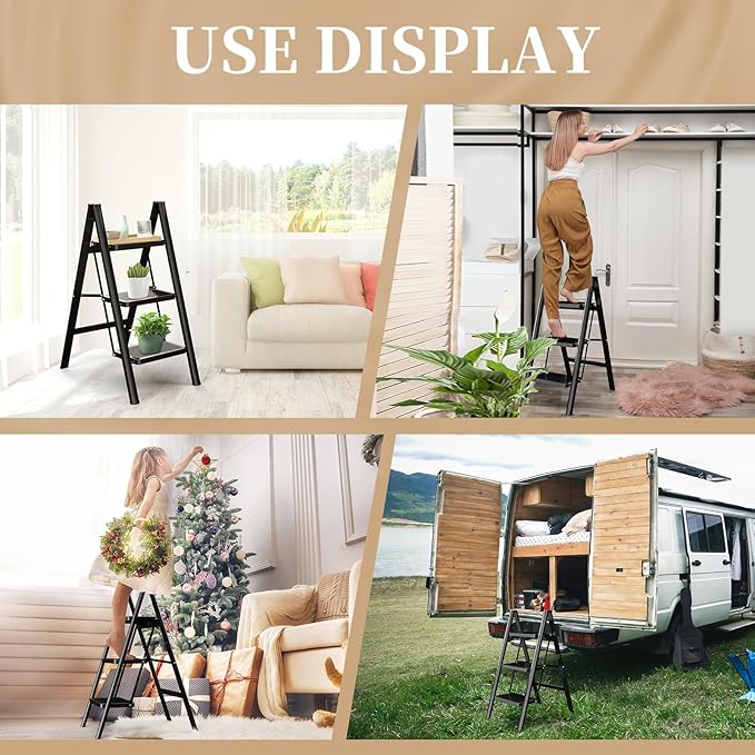 HBTower Step Ladder, Folding Step Stool, Portable Sturdy Steel Ladder Stool for Adults with Anti-Slip Wide Pedals Home Outdoor Kitchen, Black