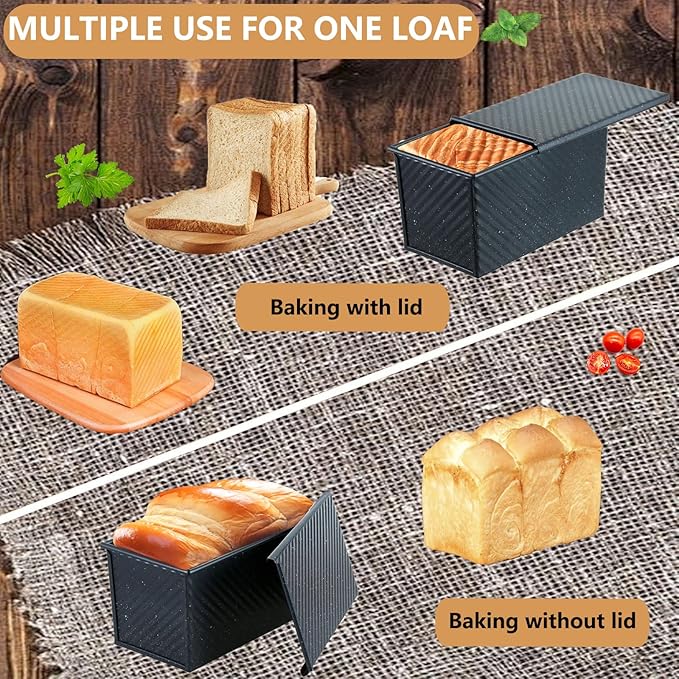 SS&CC Pullman Loaf Pan with Lid 2-Pack, 2.2lb & 1lb Carbon Steel Bread Pan for Homemade Sourdough & Sandwich Bread | Nonstick Bakeware, Heavy Duty & Easy Clean (Black, 1lb+2.2lb)