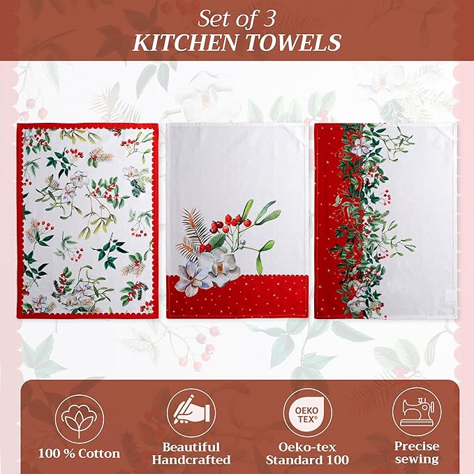 Maison d' Hermine Kitchen Towels Set of 3 100% Cotton 20" x 27.5" Reusable Cloth Tea Dish Towels Absorbent with Hanging Loop for Kitchen Dining Thanksgiving Christmas Decorations (Noel)