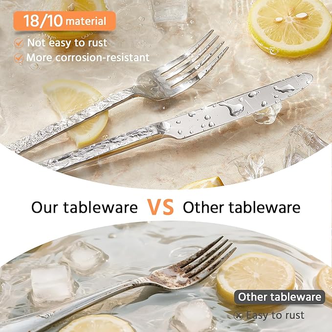 KINGSTONE 20 Pcs Hammered Silverware Set for 4, 18/10 Stainless Steel Heavy Duty Flatware Set, Tableware Cutlery Utensil Sets for Home Restaurant Dishwasher Safe