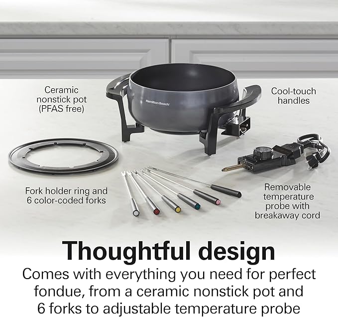 Hamilton Beach 12 Cup Electric Fondue Pot Set with Temperature Control, 6-Color Coded Forks, for Cheese, Chocolate, Hot Oil, Broth, 3 Quart PFAS-Free Nonstick Interior, Gray (86202) (Pack of 2)
