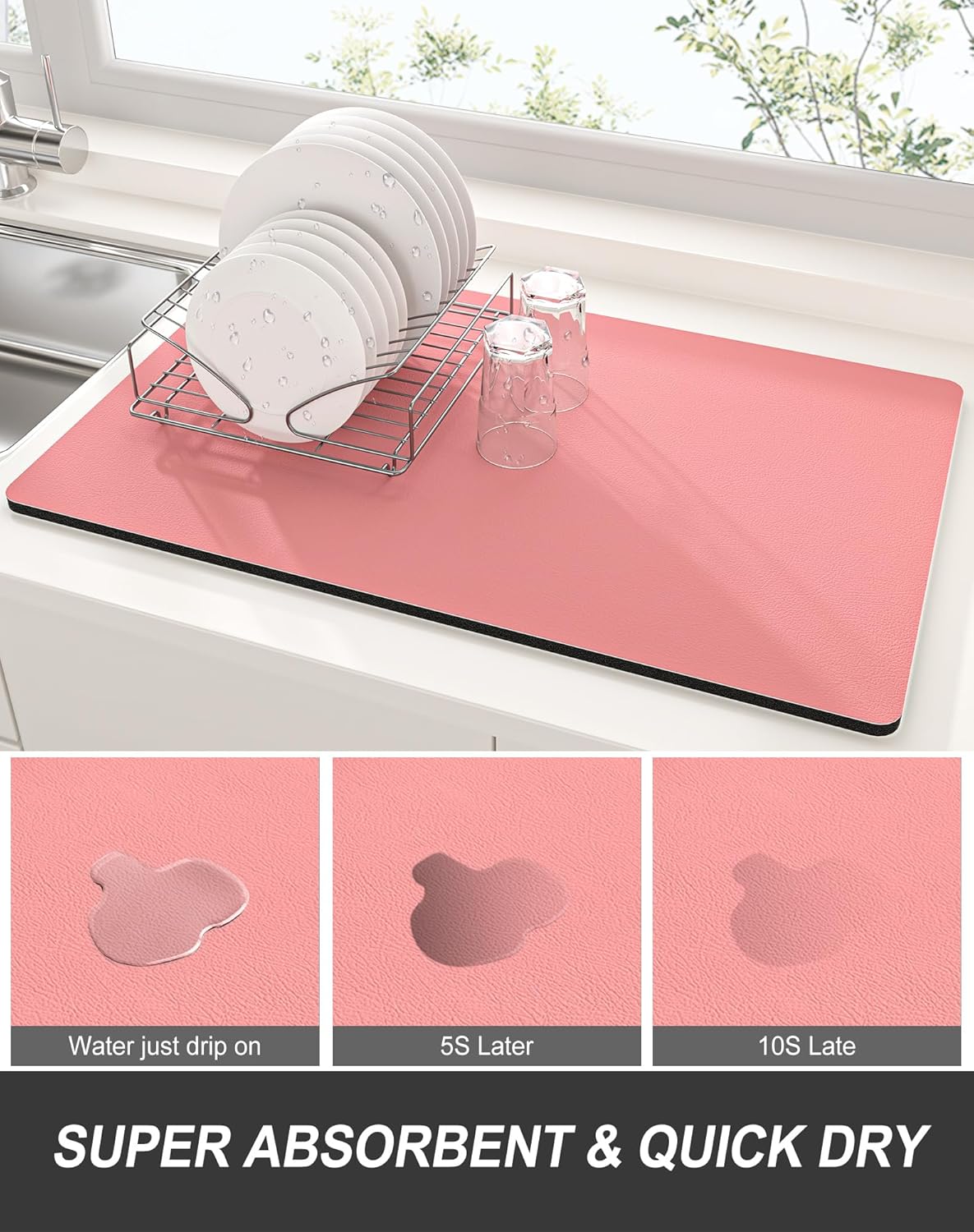 Rnivvi Dish Drying Mat for Kitchen Counter, 12 x 19" Super Absorbent Drainer Pad Easy Clean Dish Rack Pad, Non-Slip Heat Resistant Coffee Bar Mats for Coffee Machine Station Accessories, Rose Pink