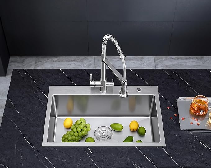 MENATT 25 Inch Drop in Kitchen Sink with 2 Faucet Holes, 25" x 18" Single Bowl 9 inch Deep 18 Gauge Stainless Steel Topmount Kitchen Sink, Brushed Nickel