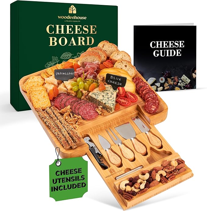 Woodenhouse Bamboo Charcuterie Boards Gift Set - Meat and Cheese Tray with Utensils Included - Bamboo Cheese Platter - House Warming Gifts New Home Couples & Family, Wedding Gifts